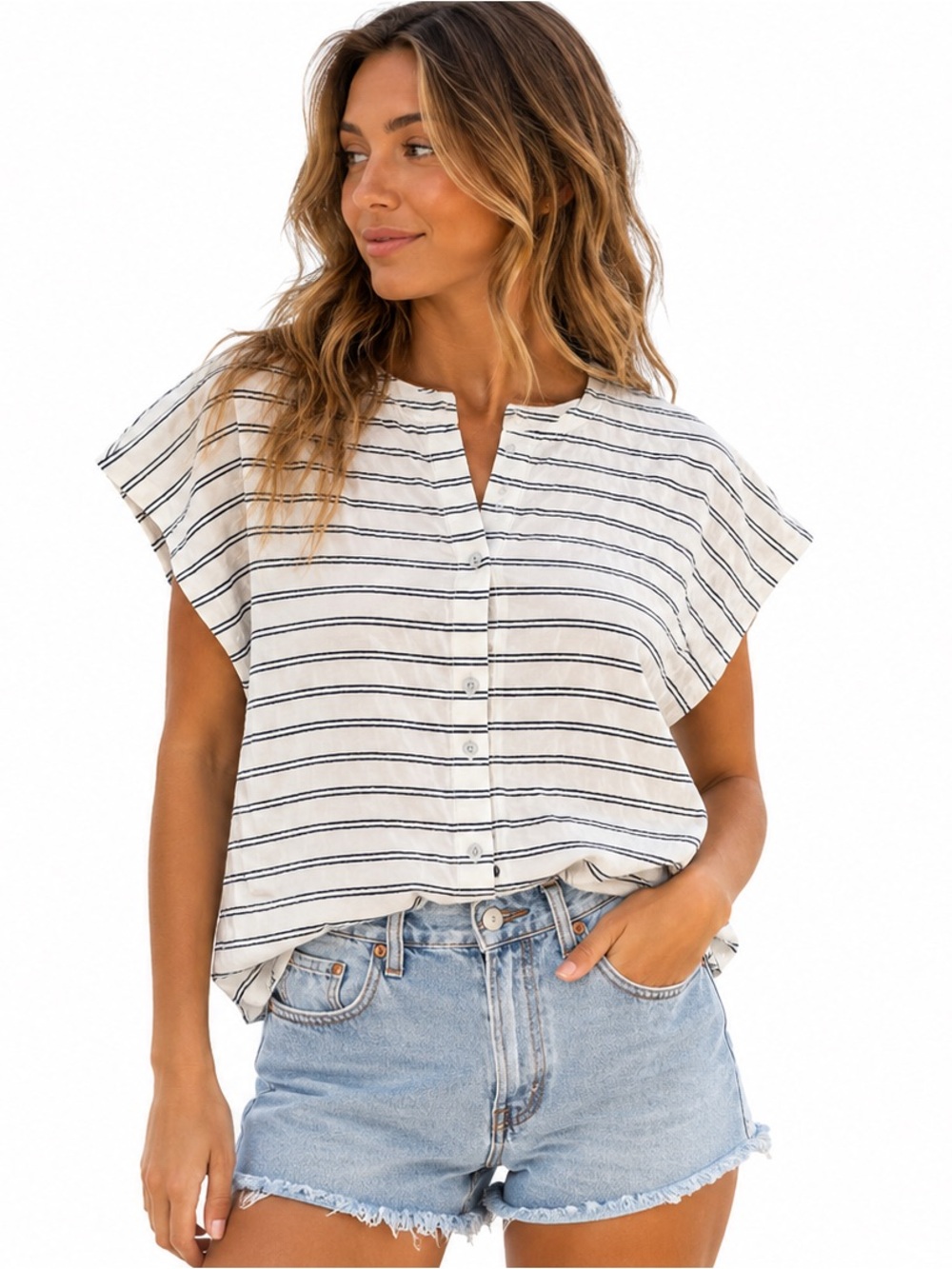 Cabi White & Navy Striped Dolman Sleeve Blouse | Relaxed Coastal | Size Large
